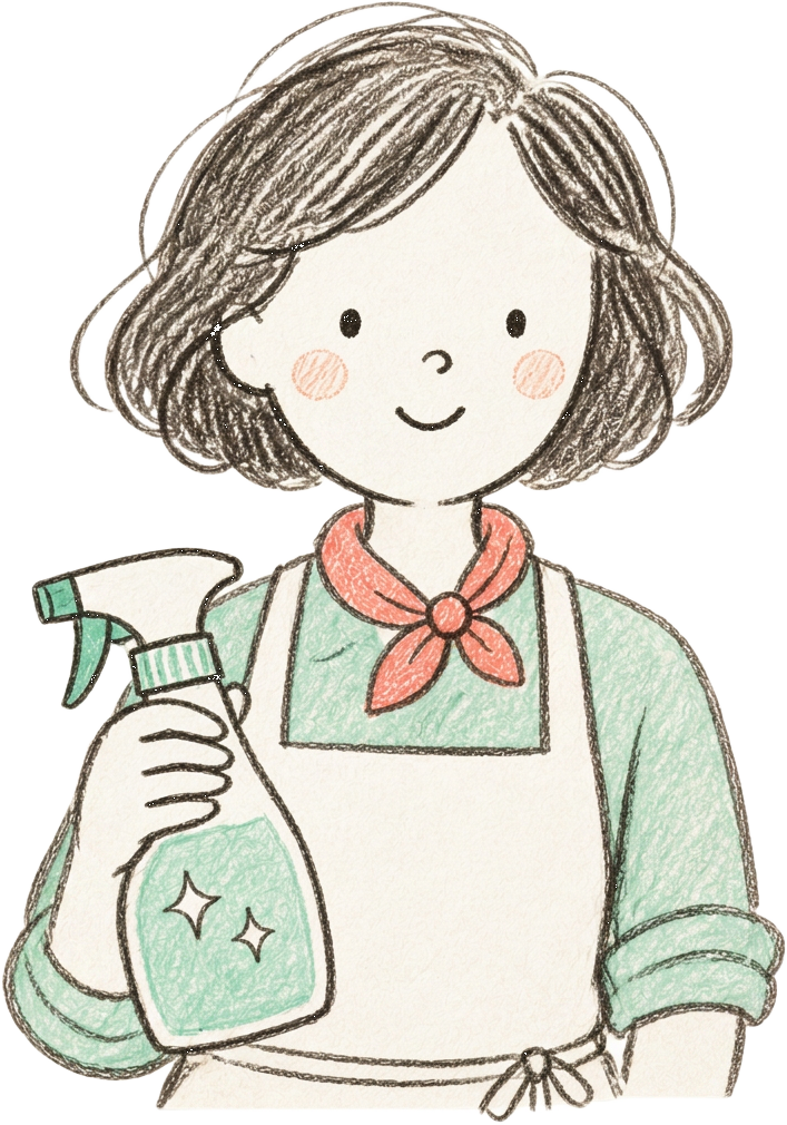 Illustration of Raquel, a friendly cleaning professional holding a bucket of soapy water and a mop